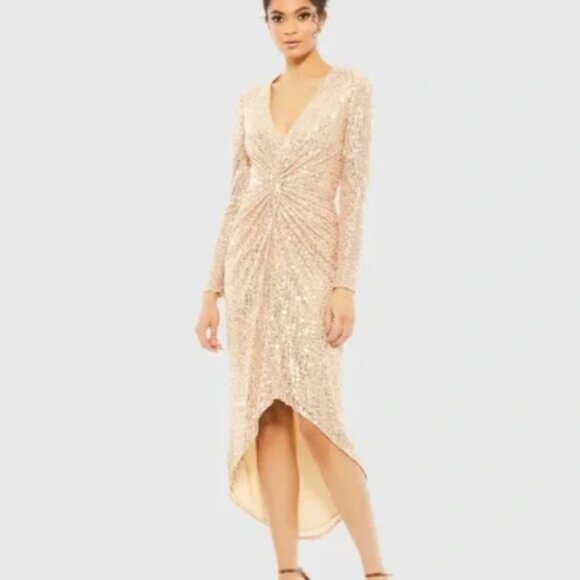 NWT Mac Duggal high low Gold Sequin Dress Long Sleeve Size 8 #26594 - Picture 1 of 7